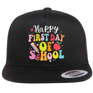 Back To School Teacher Student Happy First Day Of School Flat Bill Trucker Hat