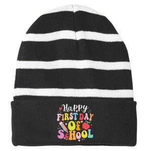 Back To School Teacher Student Happy First Day Of School Striped Beanie with Solid Band