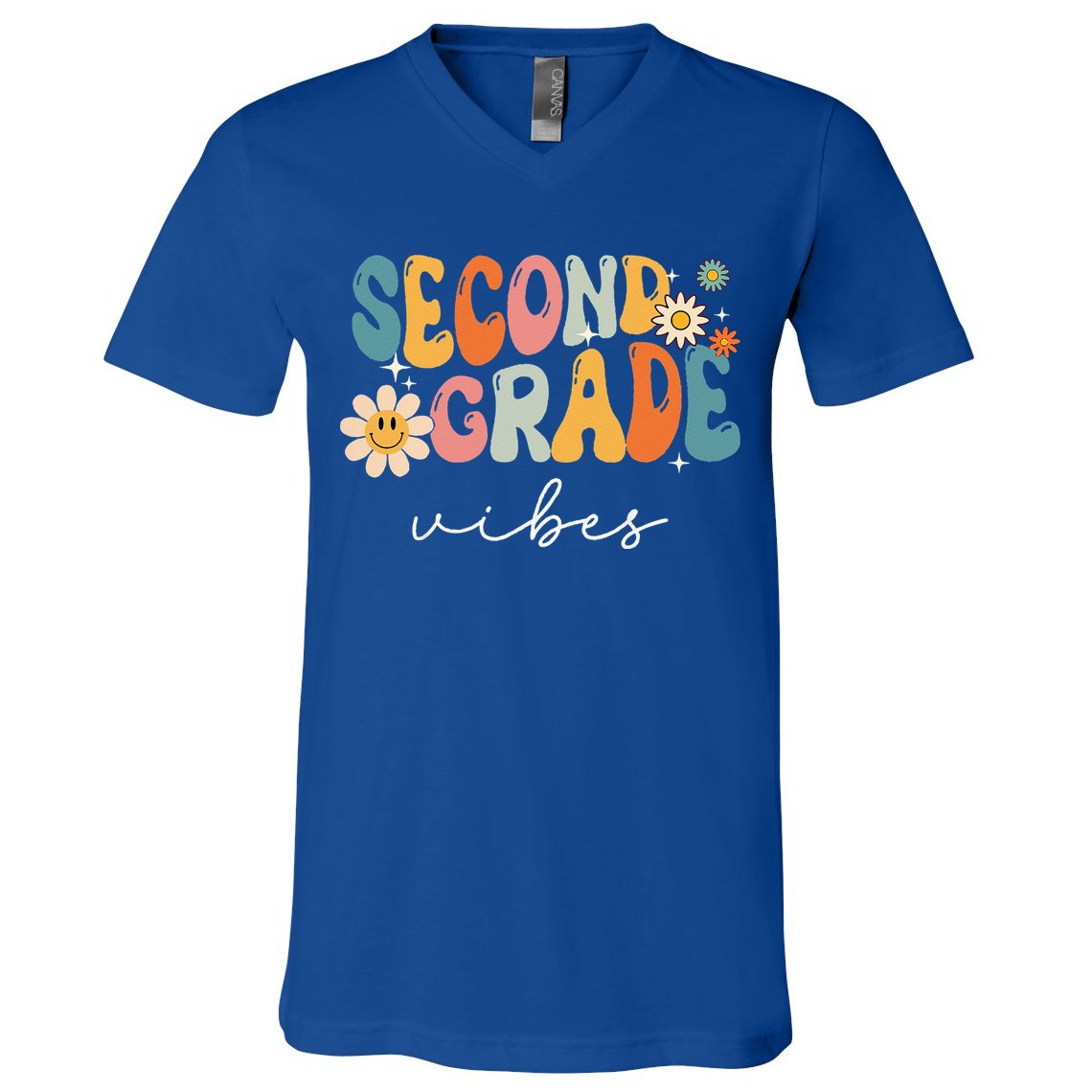 Back To School Second Grade Vibes Retro Teacher V-Neck T-Shirt