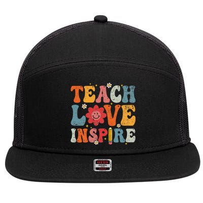 Back To School Teach Love Inspire Retro Teachers Life 7 Panel Mesh Trucker Snapback Hat