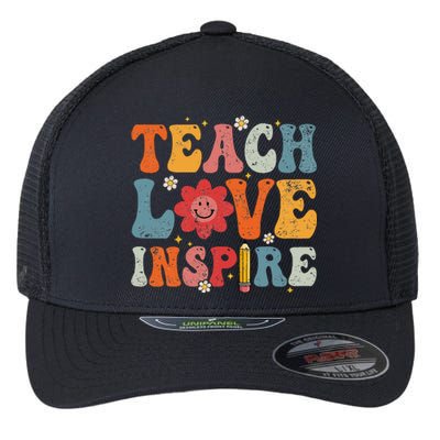 Back To School Teach Love Inspire Retro Teachers Life Flexfit Unipanel Trucker Cap