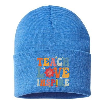 Back To School Teach Love Inspire Retro Teachers Life Sustainable Knit Beanie