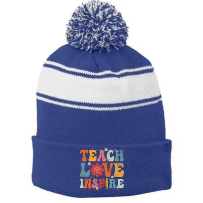 Back To School Teach Love Inspire Retro Teachers Life Stripe Pom Pom Beanie