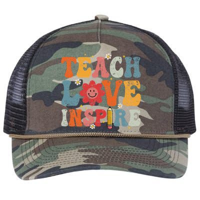 Back To School Teach Love Inspire Retro Teachers Life Retro Rope Trucker Hat Cap