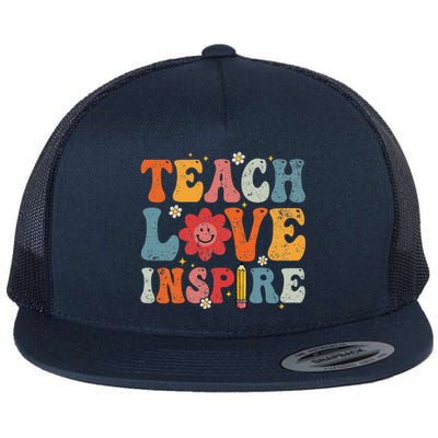 Back To School Teach Love Inspire Retro Teachers Life Flat Bill Trucker Hat