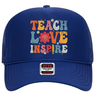 Back To School Teach Love Inspire Retro Teachers Life High Crown Mesh Back Trucker Hat