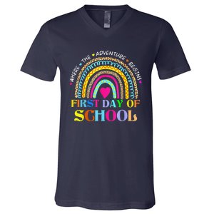 Back To School Rainbow Teacher Happy First Day Of School V-Neck T-Shirt