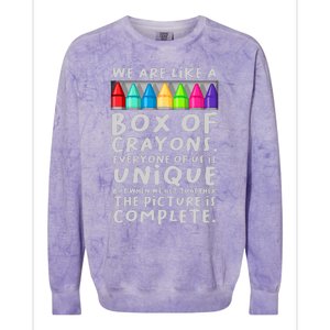 Back To School Teacher We Are Like A Box Of Crayons Colorblast Crewneck Sweatshirt