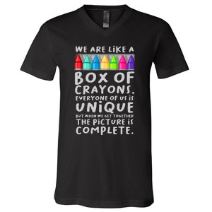 Back To School Teacher We Are Like A Box Of Crayons V-Neck T-Shirt