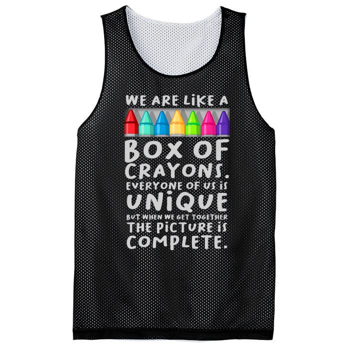 Back To School Teacher We Are Like A Box Of Crayons Mesh Reversible Basketball Jersey Tank