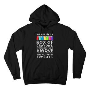 Back To School Teacher We Are Like A Box Of Crayons Tall Hoodie