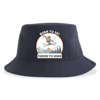 Born To Ski Forced To Work Funny Skier Skiing Winter Sports Sustainable Bucket Hat