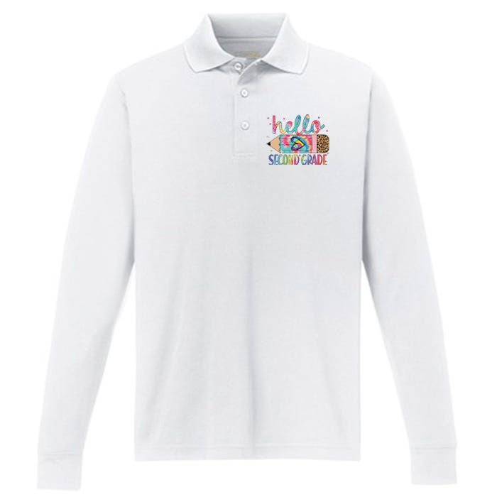 Back To School Hello Second 2nd Grade Leopard Tie Dye Pencil Performance Long Sleeve Polo