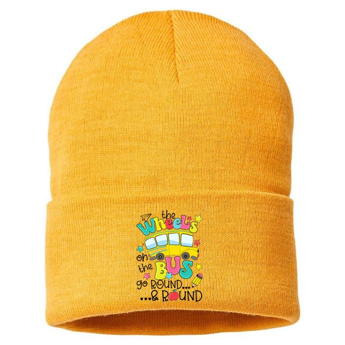 Back To School Funny The WHEELS On The BUS School Bus Driver Sustainable Knit Beanie