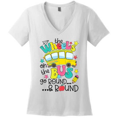 Back To School Funny The WHEELS On The BUS School Bus Driver Women's V-Neck T-Shirt