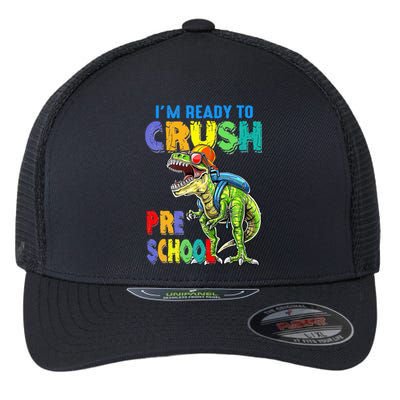 Back To School Dinosaur I Am Ready To Crush Pre School Flexfit Unipanel Trucker Cap