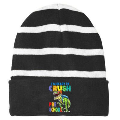 Back To School Dinosaur I Am Ready To Crush Pre School Striped Beanie with Solid Band