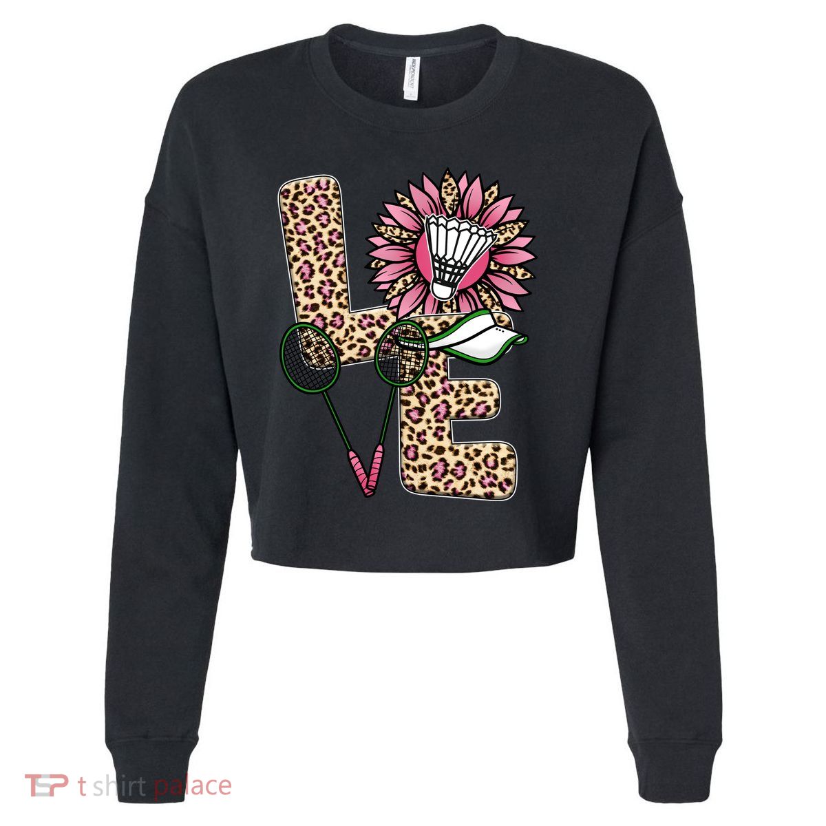 Badminton T Shirts Love Leopard Sunflower Graphic Plus Size Cropped Pullover Crew