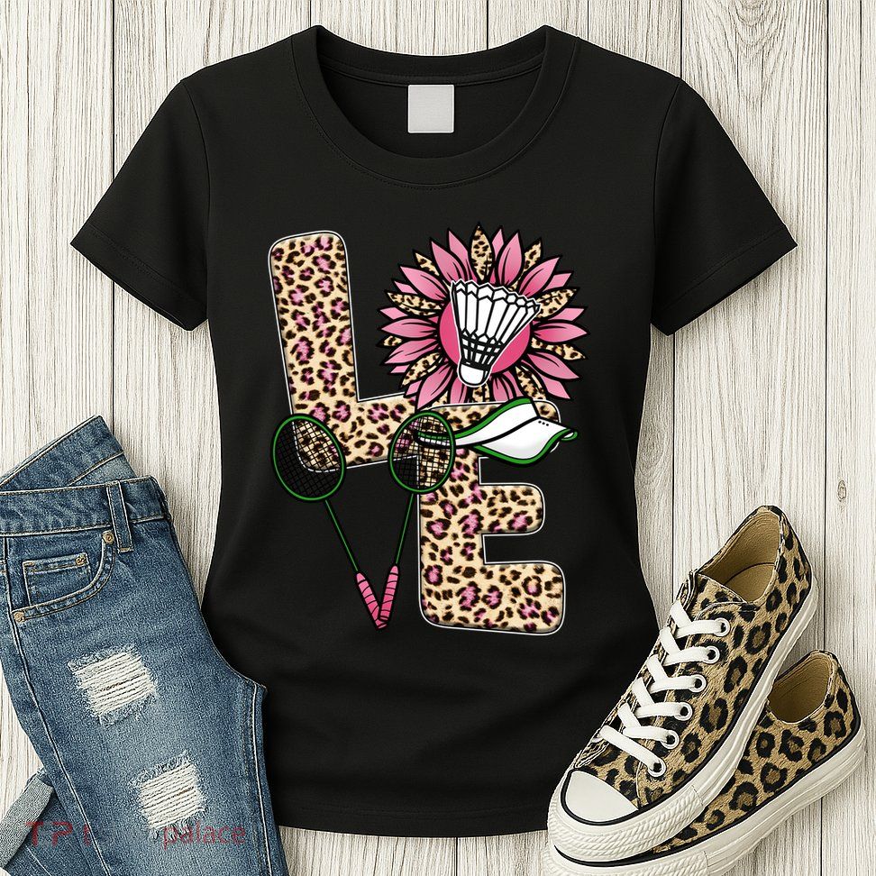 Badminton T Shirts Love Leopard Sunflower Graphic Plus Size Womens T-Shirt