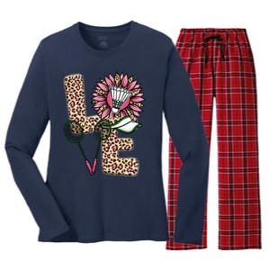 Badminton T Shirts Love Leopard Sunflower Graphic Plus Size Women's Long Sleeve Flannel Pajama Set 