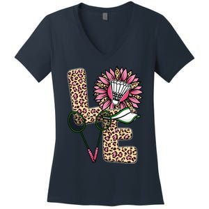 Badminton T Shirts Love Leopard Sunflower Graphic Plus Size Women's V-Neck T-Shirt