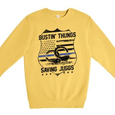 Bustin Thungs Saving Juggs Thin Blue Line Back The Blue Police Premium Crewneck Sweatshirt