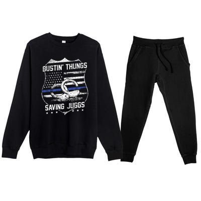 Bustin Thungs Saving Juggs Thin Blue Line Back The Blue Police Premium Crewneck Sweatsuit Set