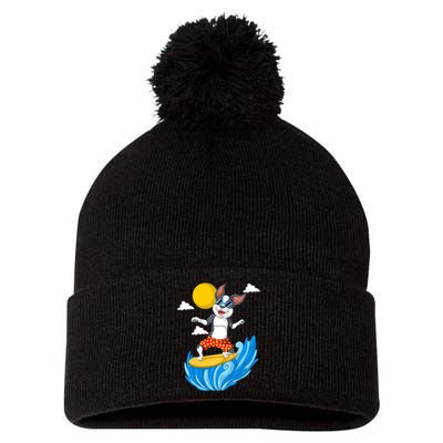 Boston Terrier Surfing Pom Pom 12in Knit Beanie