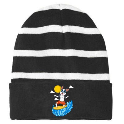 Boston Terrier Surfing Striped Beanie with Solid Band