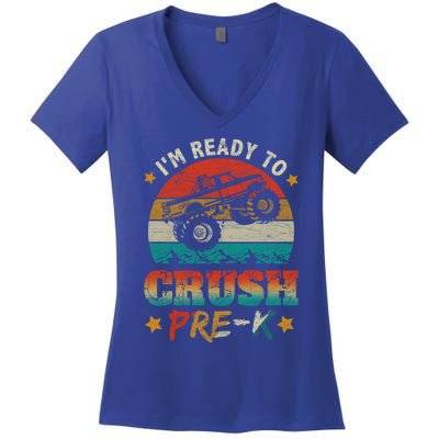 Back To School I'm Ready To Crush Pregiftk Monster Truck Boys Funny Gift Women's V-Neck T-Shirt