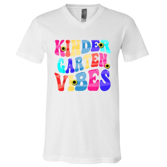 Back To School Kindergarten Vibes Retro Teacher Women V-Neck T-Shirt