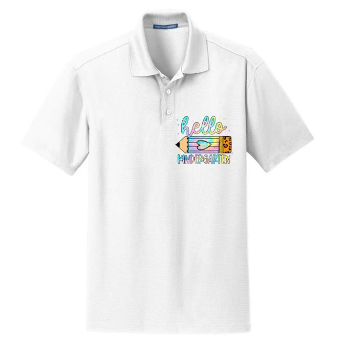 Back To School Hello Kindergarten Leopard Tie Dye Pencil Dry Zone Grid Polo