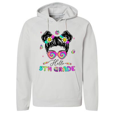 Back To School Hello 5th Grade Messy Bun First Day Performance Fleece Hoodie