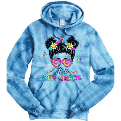 Back To School Hello 5th Grade Messy Bun First Day Tie Dye Hoodie