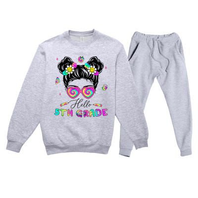 Back To School Hello 5th Grade Messy Bun First Day Premium Crewneck Sweatsuit Set