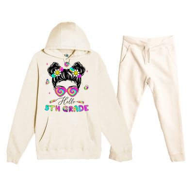 Back To School Hello 5th Grade Messy Bun First Day Premium Hooded Sweatsuit Set