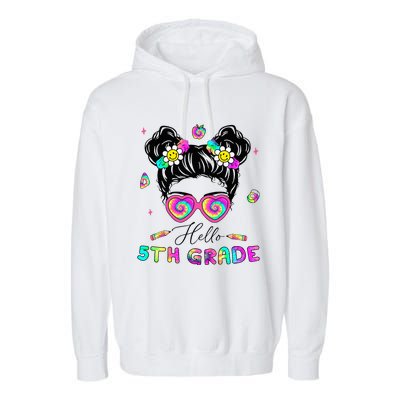 Back To School Hello 5th Grade Messy Bun First Day Garment-Dyed Fleece Hoodie