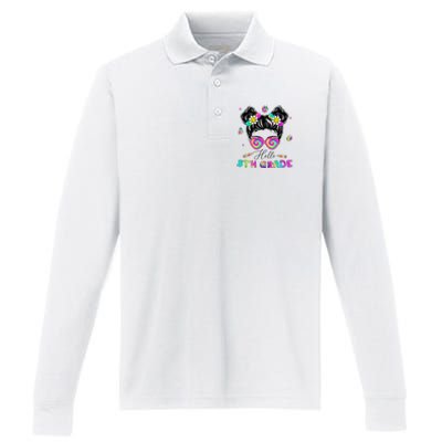 Back To School Hello 5th Grade Messy Bun First Day Performance Long Sleeve Polo