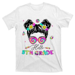 Back To School Hello 5th Grade Messy Bun First Day T-Shirt