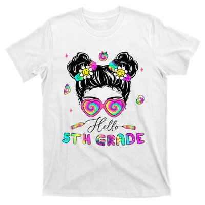 Back To School Hello 5th Grade Messy Bun First Day T-Shirt