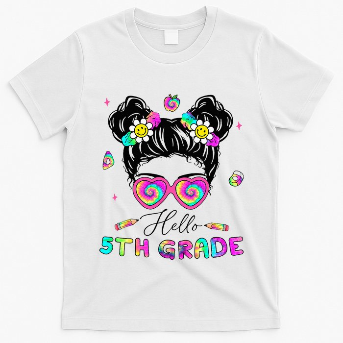 Back To School Hello 5th Grade Messy Bun First Day T-Shirt