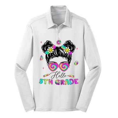 Back To School Hello 5th Grade Messy Bun First Day Silk Touch Performance Long Sleeve Polo