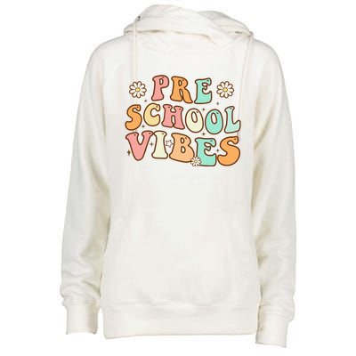 Back to School Preschool Vibes Retro Teacher Nursery School Womens Funnel Neck Pullover Hood