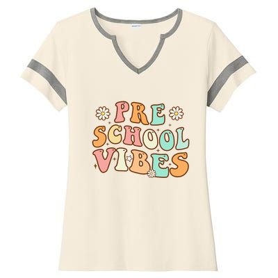 Back to School Preschool Vibes Retro Teacher Nursery School Ladies Halftime Notch Neck Tee