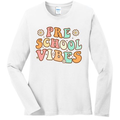 Back to School Preschool Vibes Retro Teacher Nursery School Ladies Long Sleeve Shirt