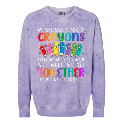 Back To School Teacher We Are Like A Box Of Crayons Colorblast Crewneck Sweatshirt