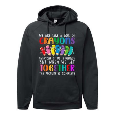 Back To School Teacher We Are Like A Box Of Crayons Performance Fleece Hoodie