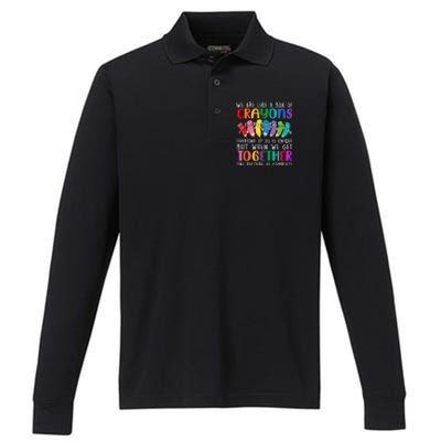 Back To School Teacher We Are Like A Box Of Crayons Performance Long Sleeve Polo