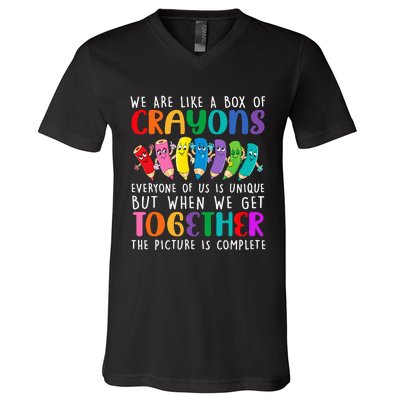 Back To School Teacher We Are Like A Box Of Crayons V-Neck T-Shirt