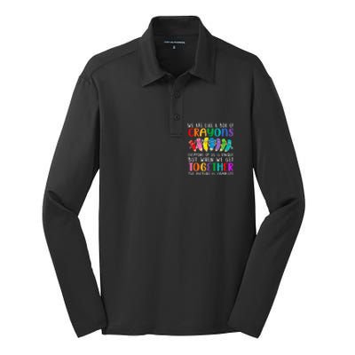 Back To School Teacher We Are Like A Box Of Crayons Silk Touch Performance Long Sleeve Polo